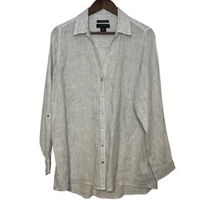 Tahari Linen Essentials Button Up Pinstripe Shirt Black White Lagenlook Tunic L